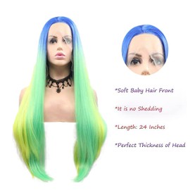 Kalisa Long Straight Blue to Green Mix Yellow Lace Front Wig Middle Part 3T Color Synthetic Wig Heat Resistant Cosplay Wigs for Women 24 Inches