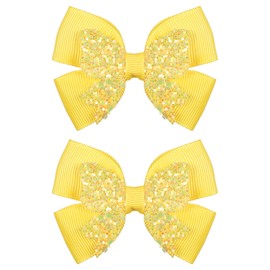 2PC 3-inch Glitter Yellow Hair Bow Clips,Small Pigtail Sequin Ribbon Barrettes Alligator Hairpins Accessories for Toddler Teen Girls Kids Easter Back School Summer Beach Vacation Gift