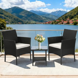 FDW Wicker Outdoor Furniture Patio Furniture Set of 3 Rattan Patio Chairs Outdoor Chairs Patio Conversation Set with Coffee Table for Yard Backyard Lawn Porch Poolside Balcony,Black