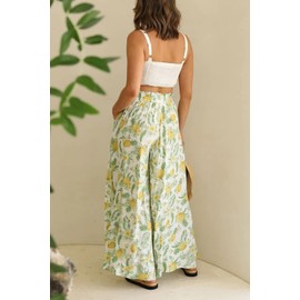 YOCUR Summer High Waisted Pants for Women Beach Vacation Wide Leg Pants Printed Loose Flowy Palazzo Lounge Trousers Yellow L