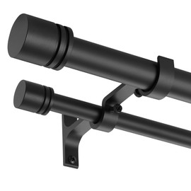 Double Curtain Rods 36-72 Inches for Windows, 1 Inch Diameter Adjustable Heavy Duty Drapery Rod with Aluminum Alloy Brackets and Finials, Modern Stylish Dual Curtains Rod, Matte Black