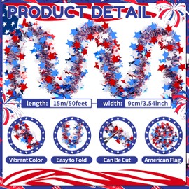 50FT 4th of July Patriotic Tinsel Garland, Glitter Tinsel Garlands Metallic Holiday Streamers for Memorial Day Independence Day Indoor Outdoor Holiday Party Decor