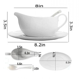 Qlans Gravy Boat With Ladle and Saucer 17 Oz,Ceramic Sauce Boat with Tray for Salad Dressings Milk,Warming Sauces,Creamer,Broth,Black Pepper,White (1 PCS New Gravy Boat With Ladle and Saucer)