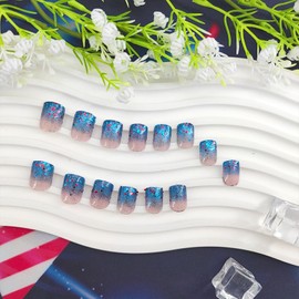 Independence Day Press on Nails Short Fake Nails with Glitter Sequins Designs Square Nails Press ons Cute Glue on Nails Blue Acrylic Nails 4th of July Stick on Nails for Women 24Pcs