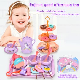 Rainbow Horse 33 Piece Tin Play Tea Set for Toddlers - Children's Tea Party Pretend Play Toys with Plates, Teapot, Dessert Toys