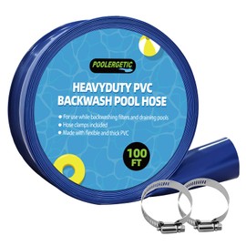 Poolergetic 1 1/2 IN x 100 FT Pool Backwash Hose, Heavy-Duty PVC Lay Flat Hose, Weatherproof Burst Resistant, Pool Drain Hose for Water Transfer, Sump Pump, Pool Drain, with 2 Clamps