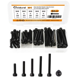 Cicidorai M4 x 20mm 25mm 30mm 35mm 40mm Hex Socket Head Cap Screws Bolts, 12.9 Grade Alloy Steel, Black Oxide Finish, Fully Threaded, Metric Allen Hex Drive, Assortment Kit 50Pcs