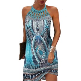 LOVESHOOT Size L Blue Ocean Summer Dresses for Women 2024 Casual Floral Printed Hollow Out Halter Neck A-line Sundresses for Beach Vacation Holiday