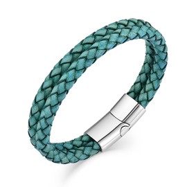 Raymard Double Row Vintage Leather Rope Bracelet for Men Women, 8.4" Colorful Wrap Braided Cuff Bangle Bracelet,Stainless Steel Clasp-Green