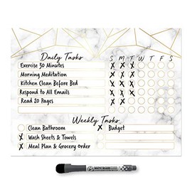 Dry Erase Whiteboard Task Planner | Removable and Restickable Adhesive Decal | Fine-Tip Magnetic Marker Included (9 x 12 inches, Marble)