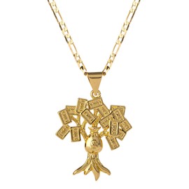yipima 18K Gold Plated 100 Dollar Bill Tree Pendant Necklace for Women Men Money Tree Pendant 3mm Flat Figaro Chain Necklace 18/22 inches (gold, chain length:18")