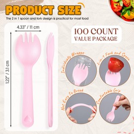 Tioncy 100 Pcs Disposable Plastic Sporks Individually Wrapped Disposable Sporks 4.5'' x 1.26'' 2 in 1 Fork and Spoon Set Serving Utensils for Dessert Restaurant Party Supply (Pink)
