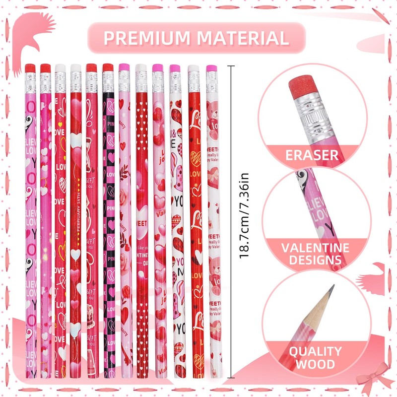 SETRUE 48 PCS Valentines Wood Pencils with Eraser, Bulk for