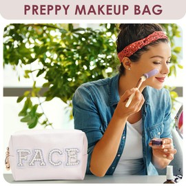 Cosmetic Bag Travel Makeup Bag Pearl Rhinestone Monogrammed Cosmetic Bag for Cosmetics, Skin Care, Toiletries, Birthday Gift for Women, Daughters, Brides, Friends, Face