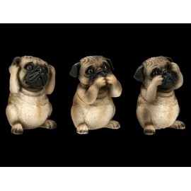 Three Wise Pug Figures - Nothing Evil, Hear, Say, See, Funny Animal Figure, Decorative Figurine, Decorative Article, Sculpture, Statue, Height 8-8.5 cm