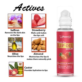 Urbaano Herbal Lip Oil Serum-Roll On, Tint free,Transparent- Strawberry Hydrates, Softens, Restores Natural Colour to Dark, Dry, Pigmented and Chapped Lips for Men, Women & Teenagers - 10ml