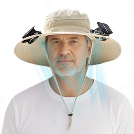 Solar Fan Hat for Men & Women Cooling Hat with Dual Fans, Wide Brim UPF 50+ Sun Protection Outdoor Fishing,Hiking,Gardening Khaki
