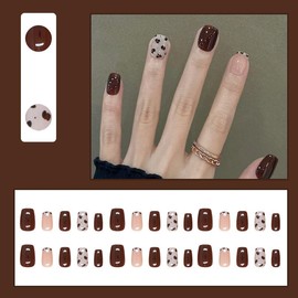 Mgmxbsth 24Pcs Almond Fake Nails,Cow Spot Press on Nails,Pure Colour Fake Nails with Glitter Shine Design, Stick on Nails with Designs Stick for Women and Girls (Spot)