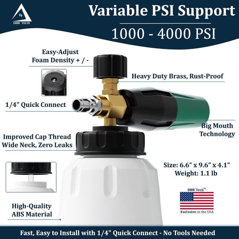 Foam Cannon for Pressure Washer, 1.1mm Orifice, 1000-4000 PSI, 1/4