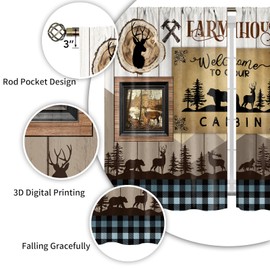 Farmhouse Forest Sunset Cabin Kitchen Curtains Country Rustic Short Cafe Curtain Decor for Dining Room Tier Curtains Over Sink Retro Tree Bear Deer Rod Pocket Window Drapes Treatment 26x36 Inch