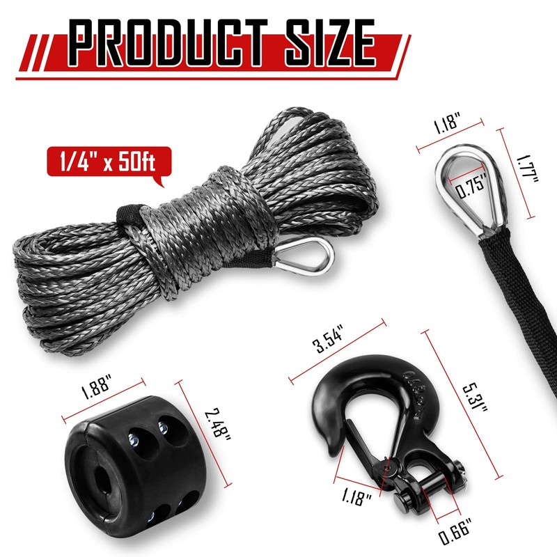 SPARKWHIZ Synthetic Winch Rope Kit 1/4" x 50ft 9500lbs Winch