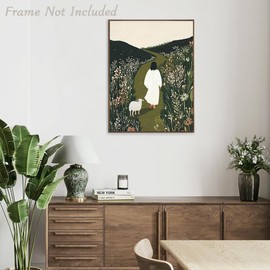 Dazzlewall Sage Green Christian Wall Art Decor, Jesus & Lamb Walking in Field Artwork Print Religious Canvas Painting for Church Bedroom Prayer Room, 12x16 in Unframed