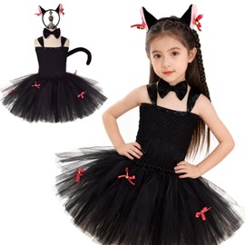 AOTYP Black Cat Cosplay, Children, Girls, Cute Dress, Costume, Halloween, Costume, Headband, Dance, Theatre, Event, Tail, Party Set, Black 140