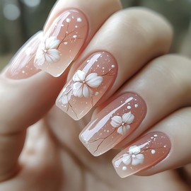 Flower Press on Nails Medium Square Fake Nails Summer Spring Cute False Nails Light Pink Cat Eyes Nail Designs Medium Length Acrylic Glue on Nails Glossy Full Cover Stick on Nails for Women 24Pcs