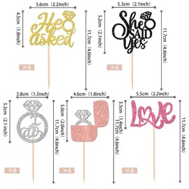 30 piezas de adornos para magdalenas con texto "He Asked She Said Y", anillos de diamantes, para decoración de tartas de despedida de soltera, decoración de tartas para bodas, artículos temáticos para fiestas de bodas