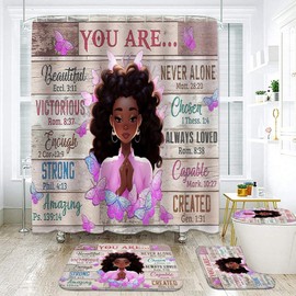 NEWSUYAA Black Girl Shower Curtain with Bath Rugs Set,4 Sets Rustic African American Bathroom Sets Decor Waterproof Curtains Rug Mats Toilet Seat Cover Hooks Butterfly Kids Girly Queen (Rustic)