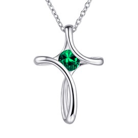 NINAMAID Cross Necklace for Women, 925 Sterling Silver Birthstone Necklace for Women Diamond Sideways Cross Necklace Birthstone Jewelry Birthday Gifts for Women