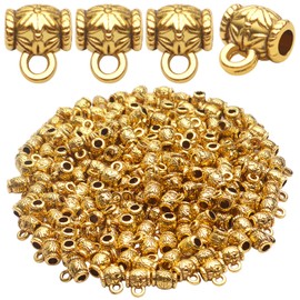 Antique Golden Bail Beads, 200pcs Pendant Clasp Bail Beads Charms Conector Hanger Links Tibetan Loose Spacer Beads for DIY Bracelet Necklace Jewelry,7.5x6.5mm,Hole:2.5mm