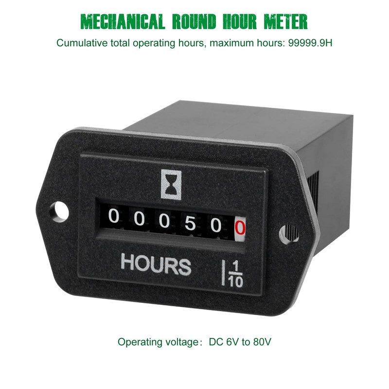 Yooreal DC 6-80V Mechanical Hour Meter Gauge,No Battery Hourmeter for