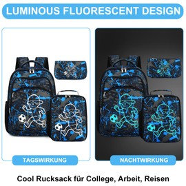 LOIDOU School Backpack Set Girls 3-Piece Children's Backpack School Bag Teenager Backpack Boys Children Ergonomic School Bag, Football Blue