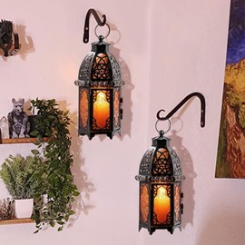 DECORKEY Vintage Large Size Decorative Moroccan Candle Lantern, 12.8’’ Metal Hanging&Tabletop Lantern Candle Holder Decor, Halloween Christmas Ramadan Decorations for Home Indoor Outdoor Patio (Amber)