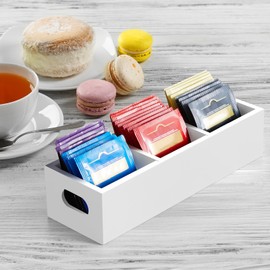 DRASTAR Tea Bag Organizer, Wooden Tea Bag Holder, White Tea Bag Chest with 3 Slots, Mini Tea Organizer Countertop, Sugar Packet Holder, Tea Bag Caddy Box