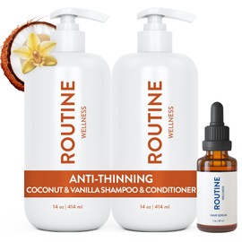 Routine Wellness Shampoo and Conditioner Set and Hair Serum for Thinning Hair - DHT Blocker Women & Men - Color Safe Shampoo for Hair Loss & Healthier Growth - Coconut & Vanilla Set + Serum