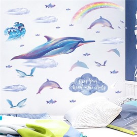 WOHAHA Wall Stickers, Stylish, Sea, Animals, Rainbow, Dolphin in the Clouds, Flying Birds, Wall Stickers, Keep Your Head In The Clounds, Fish School, Manga, Wall Stickers, Kids, Room, Nursery School, Nursery School, Wallpaper Sticker, Waterproof, Removab