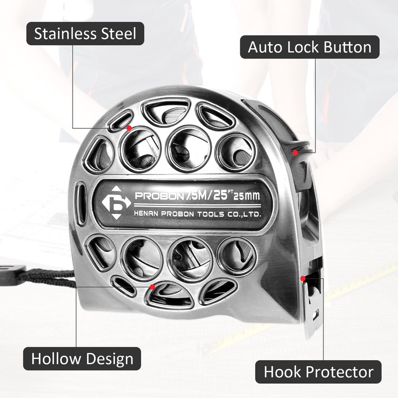 7.5M/25FT Stainless Steel Retractable Tape Measure with Double-Sided Scale, Manual