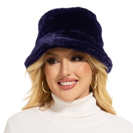 Sydbecs Winter Bucket Hat Fluffy Faux Fur Fisherman Cap for Women Men Solid Color Style(Navy)