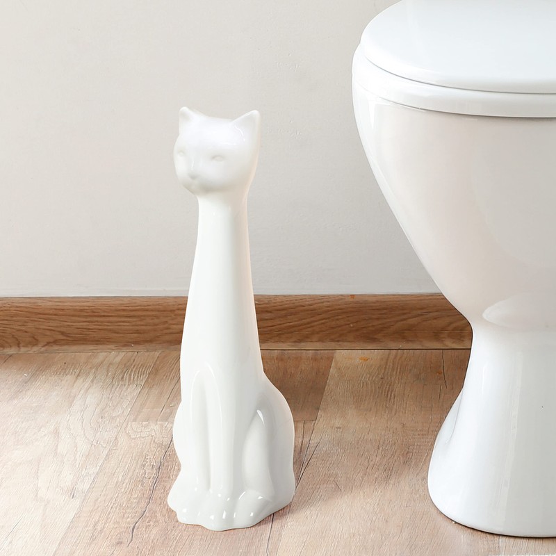 Allure Home Creation White Cat 2-Piece Toilet Brush Holder and
