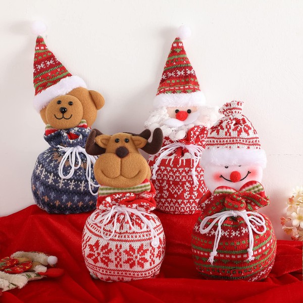 Christmas Gift Doll Bags with Drawstring Reusable, Knitted Burlap Santa Gifts Bags with Drawstring Santa Claus, Snowman, Elk, Bear for Kids Holiday Wrapping (4 Pcs)