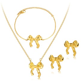 ankbrats Gold Bow Jewelry Set for Women, Ribbon Bow Necklace Earrings and Bracelet Gold Plated Stainless Steel, Hypoallergenic Gold Butterfly Jewelry Set Gift for Christmas (Jewelry Set)