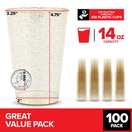 14oz Gold Glitter Plastic Cups (100 Pack), Elegant Party Cups for Birthday Parties, Weddings, and Holidays, Fancy Disposable Cocktail Glasses, Clear and Gold Cups, Bulk Wine and Mimosa Cups