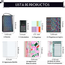 Carpeta de Presupuesto con Cierre,Carpeta de Cuaderno A6 con Calculadora,Tabla de Presupuesto Incluye sobres,Bolsitas Cremallera Transparente,Etiquetas presupuesto y Pegatinas(Negro)