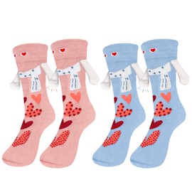 Blinket 2 Pairs Magnetic Holding Hands Socks, Funny 3D Doll Couple Socks with Faces, His and Hers Crew Sock, Best Friend Sock for Women, Romantic Gift Style C