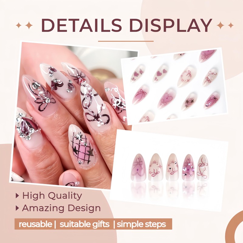 Pink Press on Nails Medium Almond Fake Nails with 3D