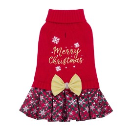 CuteBone DS53XS-DE Christmas Dog Sweater Dress Turtleneck Puppy Jumper with Bowtie Harness Hole Jumper Winter Dress for Small Dogs