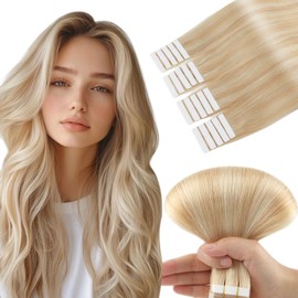 Yuniffe SemiPermanent Tape-In Extensions, Real Hair, Balayage, Ash Blonde to Blonde, Hair Extensions with Invisible Double-Sided Tape, 35 cm, 50 g, 20 Pieces