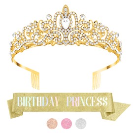 Birthday Sash for Women, Birthday Princess Sash, Birthday Headband, Birthday Princess Crown, Gold Birthday Sash and Tiara for Women, Birthday Tiara for Girls, Princess Birthday Decorations
